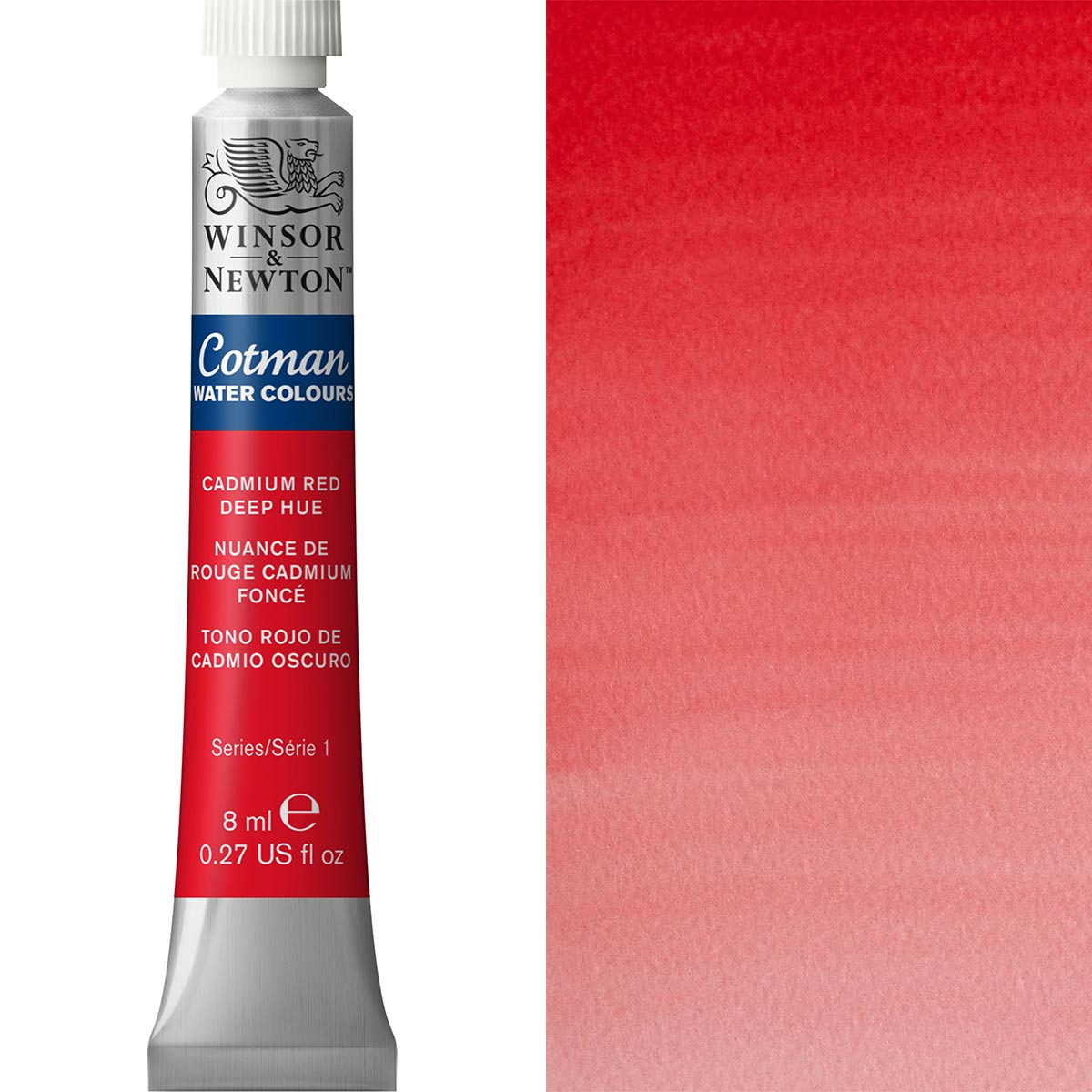 Winsor & Newton Cotman Watercolour paint tube Cadmium Red Deep Hue 8ml with red watercolor swatch
