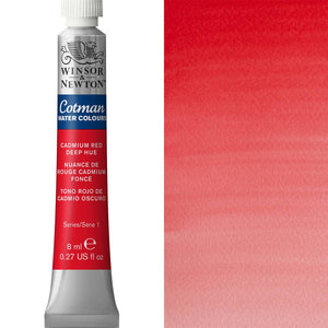 Winsor & Newton Cotman Watercolour paint tube Cadmium Red Deep Hue 8ml with red watercolor swatch