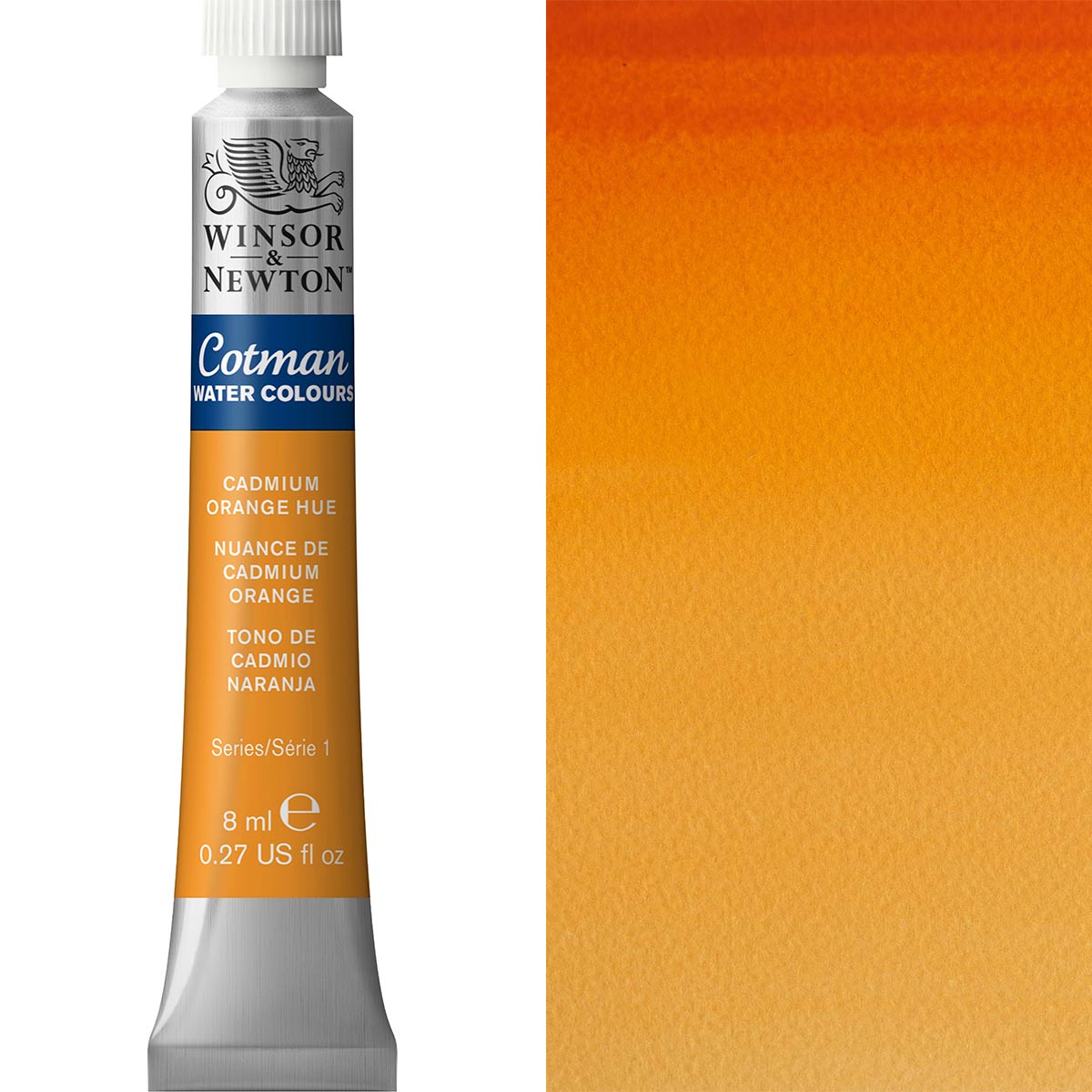 Winsor & Newton Cotman Watercolour paint tube in Cadmium Orange Hue, 8ml, showcasing vibrant, transparent color.