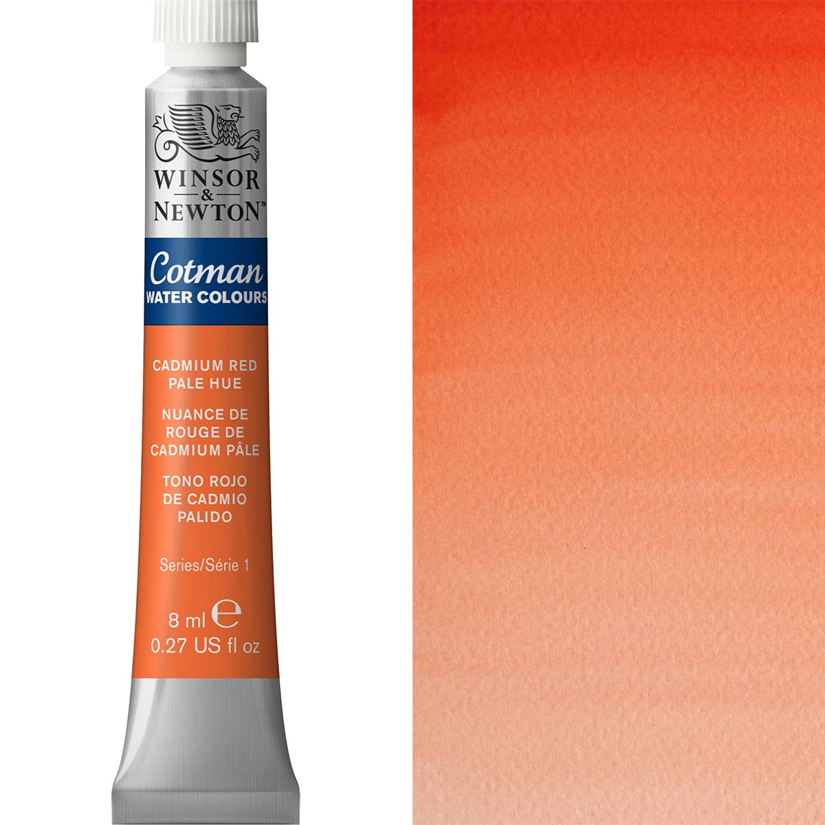 Winsor & Newton Cotman Watercolour paint tube in Cadmium Red Pale Hue, ideal for artists seeking quality and transparency.