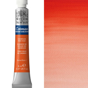 Winsor & Newton Cotman Watercolour paint tube in Cadmium Red Hue, 8ml, showcasing vibrant, transparent color swatch.