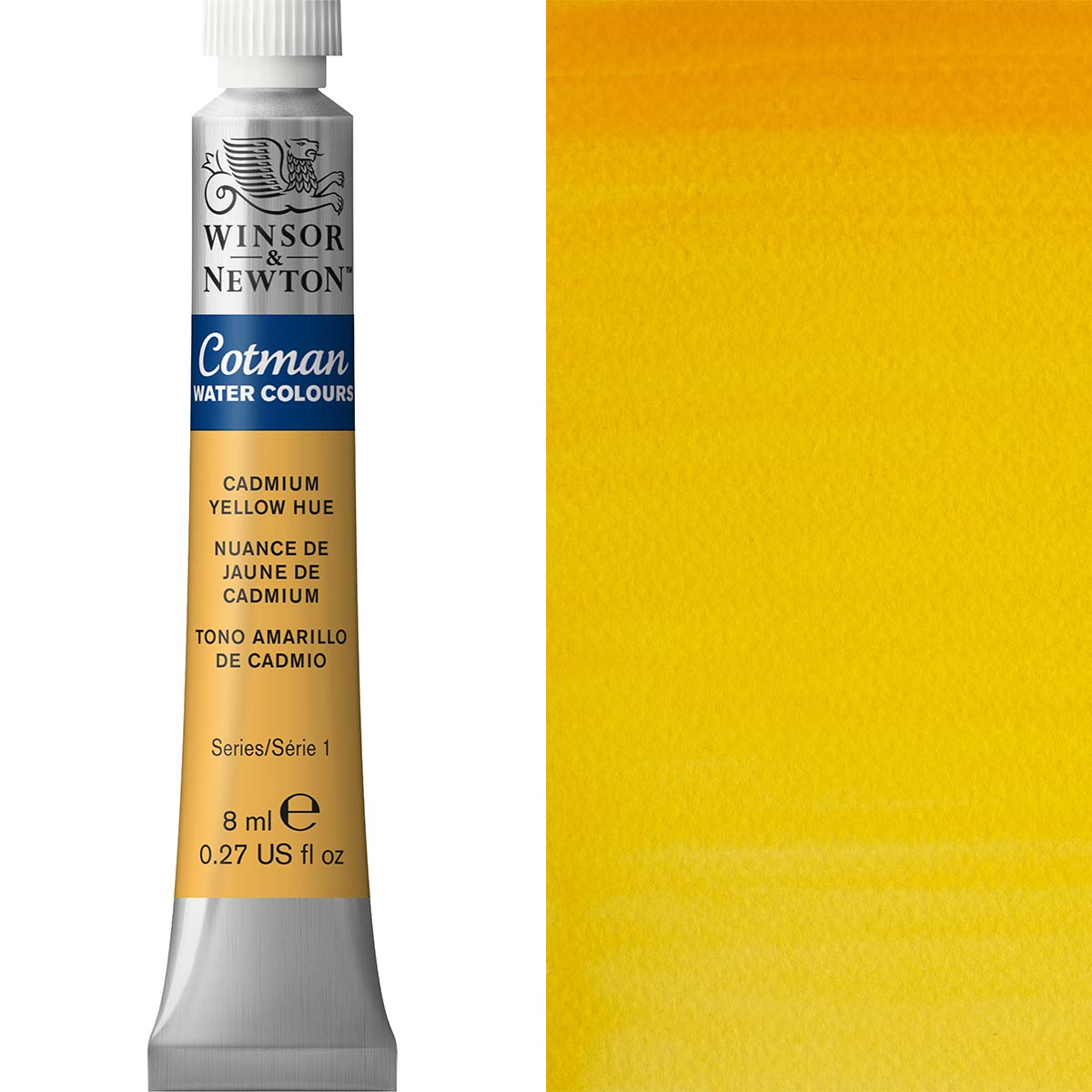 Winsor & Newton Cotman Watercolours 8ml tube of Cadmium Yellow Hue, ideal for transparent art projects.