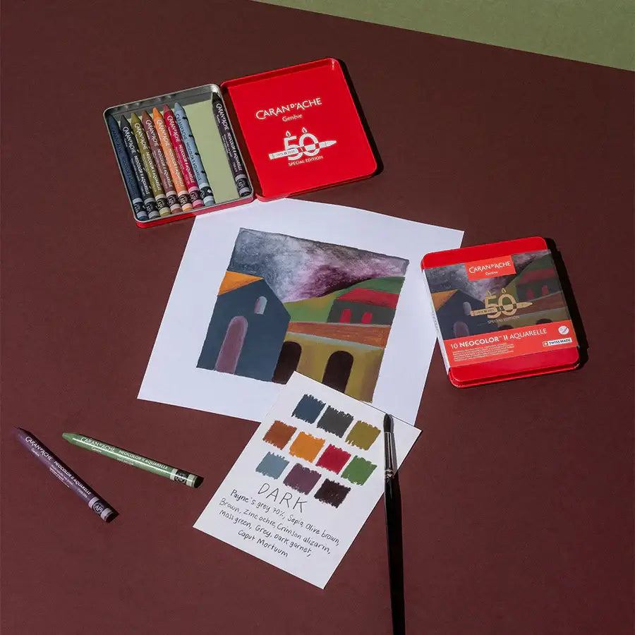 Caran d’Ache Neocolor II Water-Soluble Wax Pastels – 50 Years Special Edition Dark Set of 10
