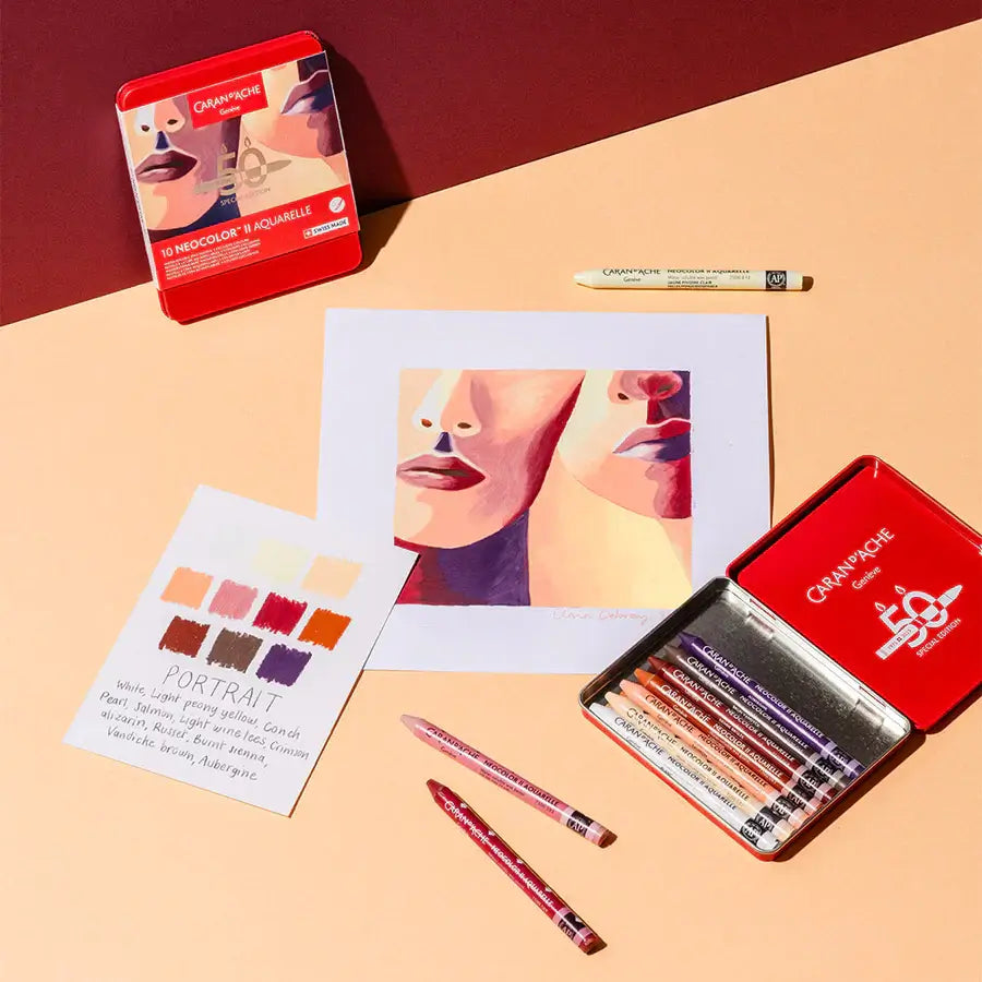 Caran d’Ache Neocolor II Water-Soluble Wax Pastels – 50 Years Special Edition Portrait Set of 10 with artwork and color swatches.