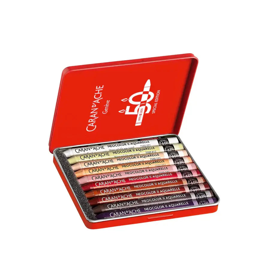 Caran d’Ache Neocolor II Water-Soluble Wax Pastels – 50 Years Special Edition Portrait Set of 10 in red tin case
