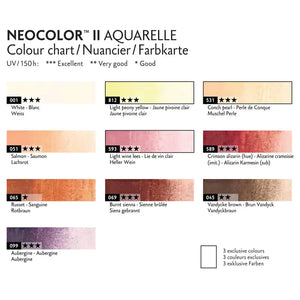Caran d’Ache Neocolor II Water-Soluble Wax Pastels – 50 Years Special Edition Portrait Set of 10 color chart.