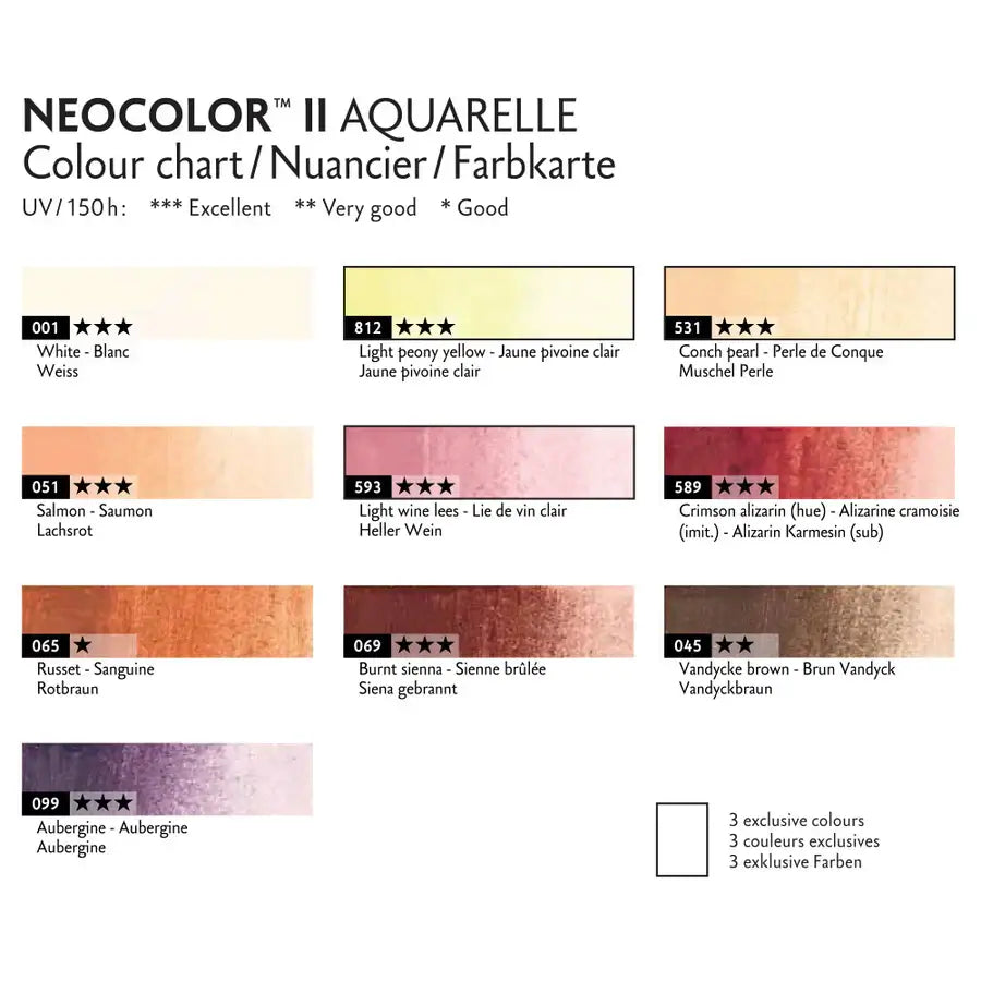 Caran d’Ache Neocolor II Water-Soluble Wax Pastels – 50 Years Special Edition Portrait Set of 10 color chart.