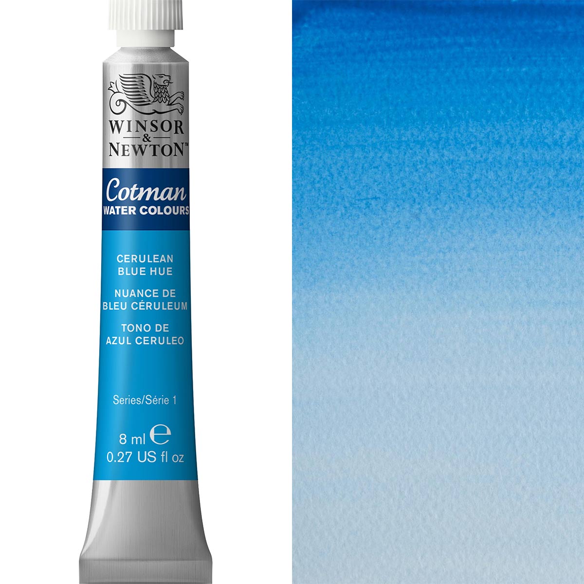 Winsor & Newton Cotman Watercolour paint tube in Cerulean Blue Hue with wet paint swatch beside it.
