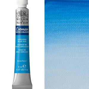 Winsor & Newton Cotman Watercolour paint tube in Cerulean Blue Hue with wet paint swatch beside it.