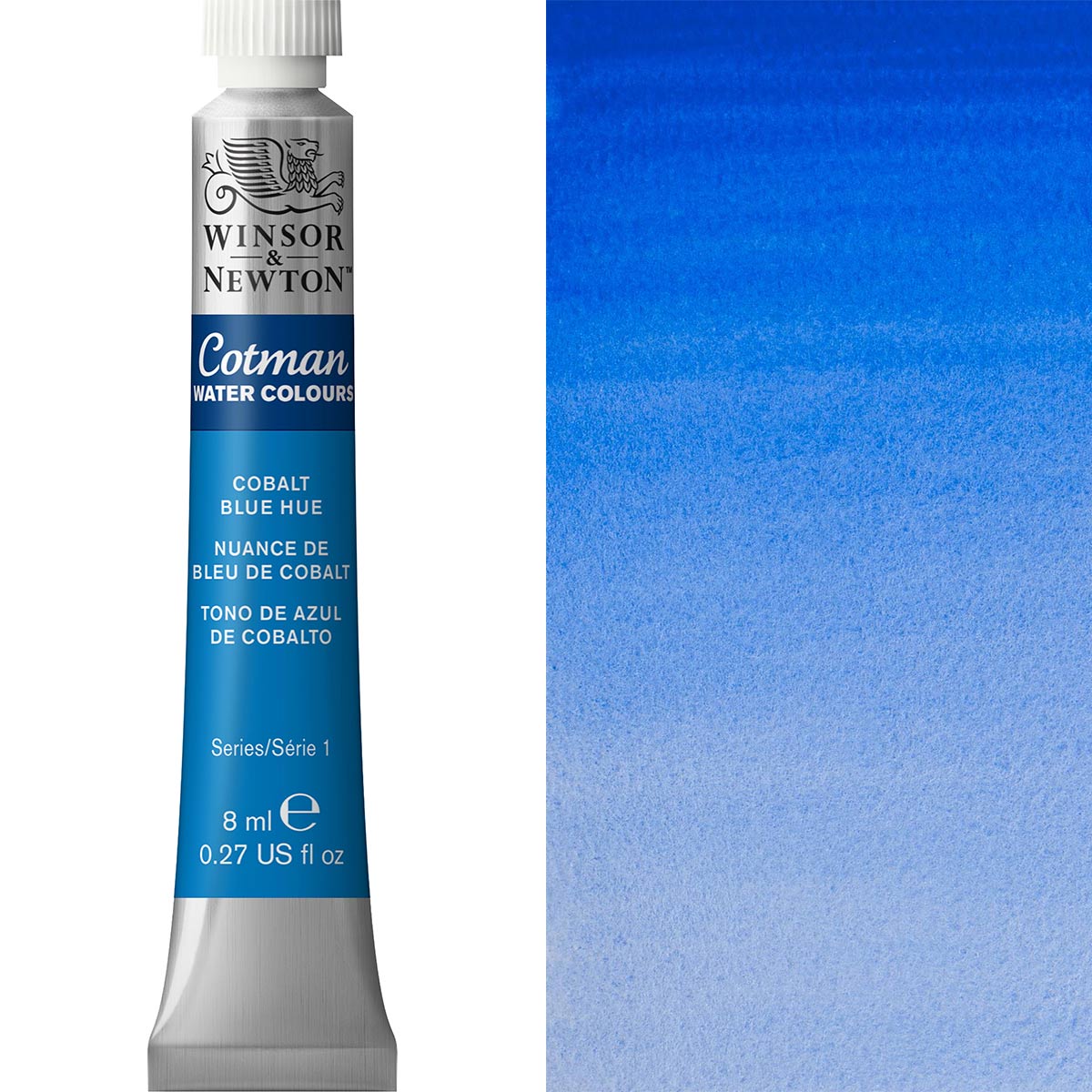 Winsor & Newton Cotman Watercolour paint tube in Cobalt Blue Hue with a blue watercolor swatch.