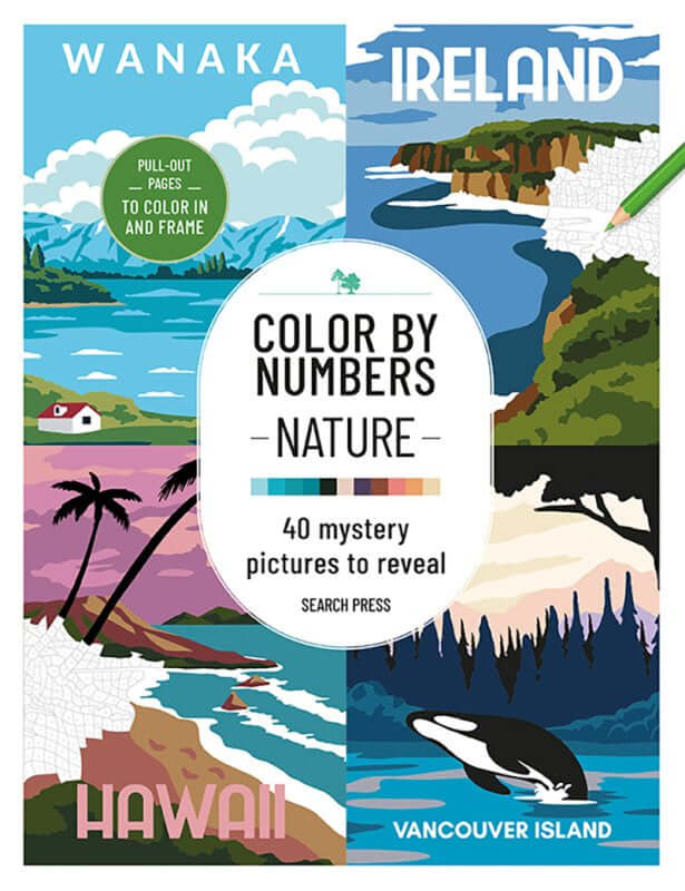 Color By Numbers – Nature | Mindful Colouring Book cover featuring travel posters of Wanaka, Ireland, Hawaii, and Vancouver Island.