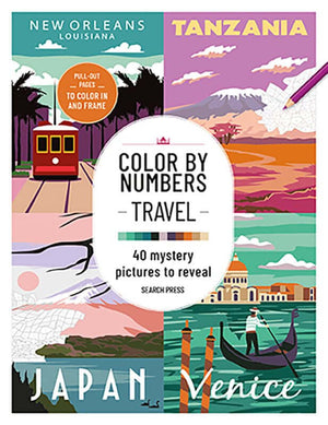 Color by Numbers Travel – Pull-Out Poster Colouring Book (40 Designs) cover featuring New Orleans, Tanzania, Japan, and Venice illustrations.