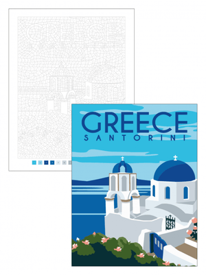 Color by Numbers Travel – Pull-Out Poster Colouring Book (40 Designs) featuring a Santorini, Greece travel poster before and after coloring.