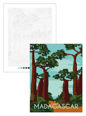 Madagascar travel poster from Color by Numbers Travel – Pull-Out Poster Colouring Book (40 Designs) featuring baobab trees.