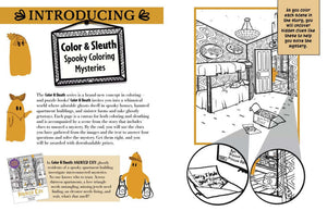 Introducing the Color & Sleuth: Haunted City Colouring Book with spooky scenes and clues for puzzle-solving adventures.