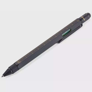 Construction Pen Black/gold with ruler, spirit level, and screwdriver features, ideal for multitasking.
