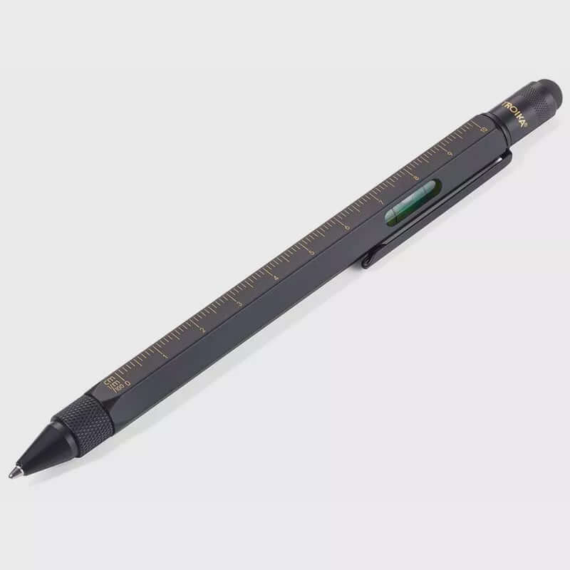 Construction Pen Black/gold with ruler, spirit level, and screwdriver features, ideal for multitasking.