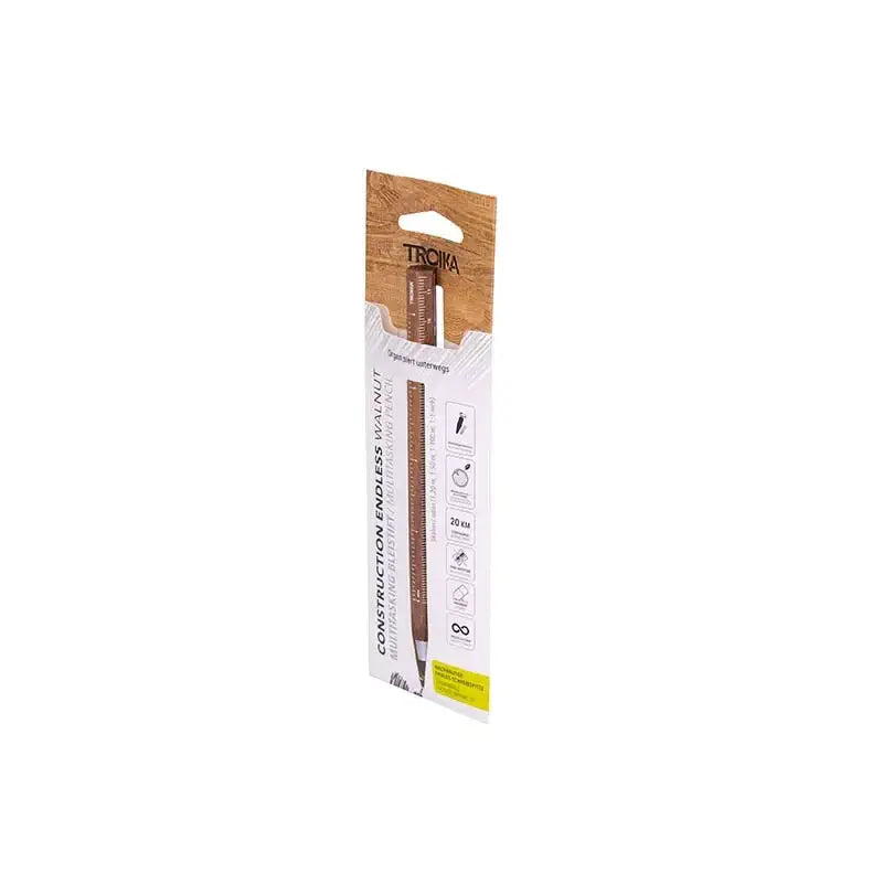 Packaging of Construction Endless Walnut Pencil, featuring sustainable design and multifunctional capabilities.
