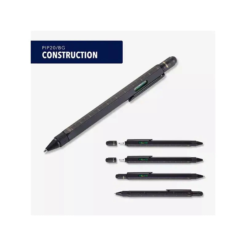 Construction Pen Black/gold multifunctional tool featuring ruler, spirit level, screwdriver, and stylus.