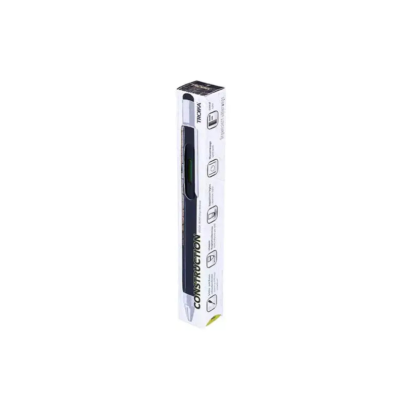Construction Pen Black/gold in packaging with features including ruler and spirit level.