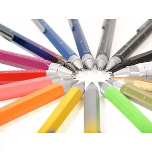 Various ballpoint pens arranged in a circle, showcasing vibrant colors and designs, including the Construction Pen Black/gold.