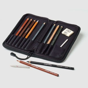 Conté à Paris Sketching Wallet – 14pc Pastel & Drawing Pencil Set with pencils and accessories in black zip-up case.