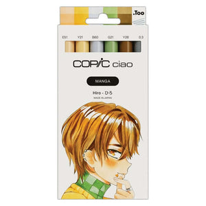 Copic Ciao (Manga) Set of 6" Hiro with 5 markers and a multiliner, featuring colors like Milky White and Lionet Gold on the packaging.