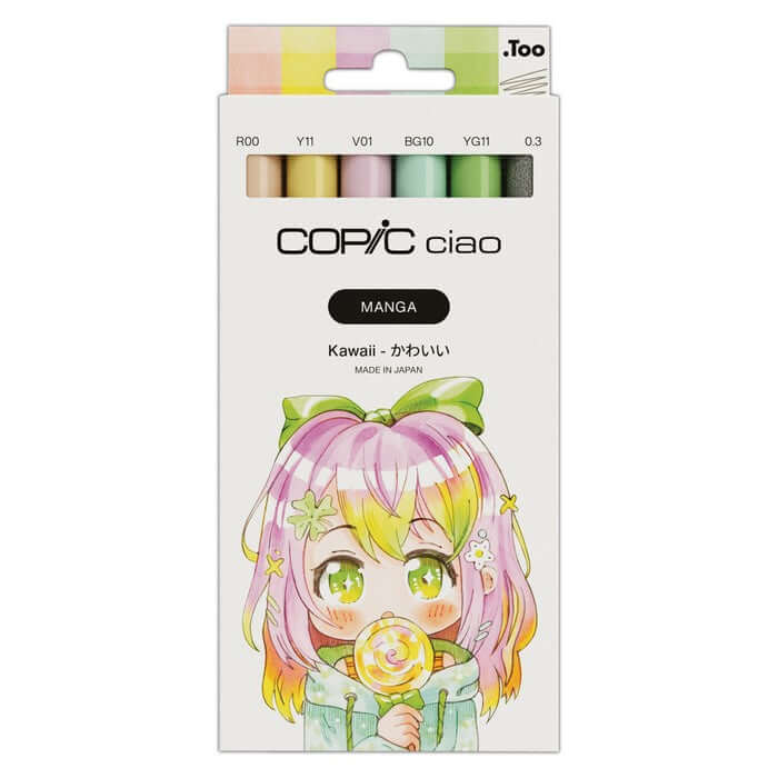 Copic Ciao (Manga) Set of 6" Kawaii with 5 Ciao Markers and 0.3 Warm Grey Multiliner, featuring cute character art on box.
