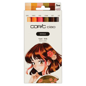 Copic Ciao (Manga) Set of 6" Yumi with markers and multiliner in various colors, including E-00 and YR-23, for manga art.