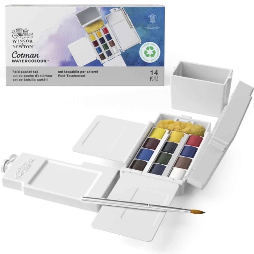 Winsor & Newton Cotman Watercolours Field Box – 12 Half Pans with brush, perfect for travel and outdoor painting.