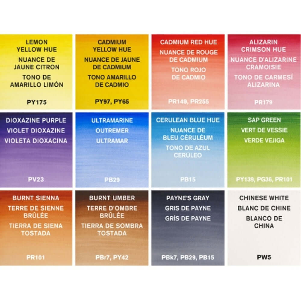 Color chart of Winsor & Newton Cotman Watercolours Field Box – 12 Half Pans showing various hues and pigments.