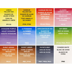 Color chart of Winsor & Newton Cotman Watercolours Field Box – 12 Half Pans showing various hues and pigments.