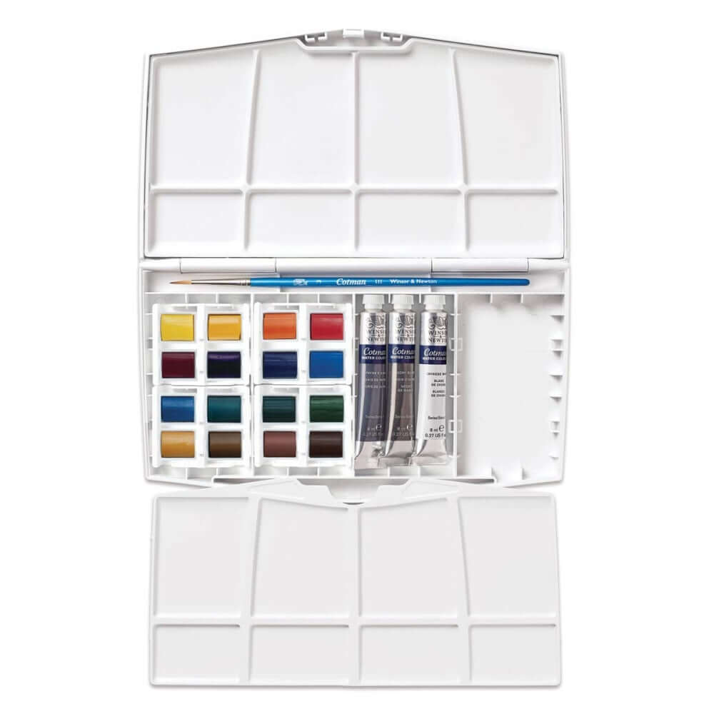 Cotman Watercolours Painting Plus set with 16 half pans, 3 tubes, and a brush in a portable case.