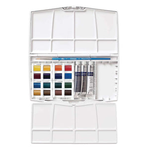 Cotman Watercolours Painting Plus set with 16 half pans, 3 tubes, and a brush in a portable case.