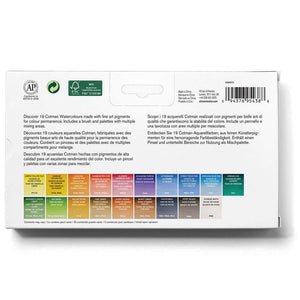 Back of Cotman Watercolours Painting Plus set showing 16 half pans and 3 tubes, featuring color chart and brush.