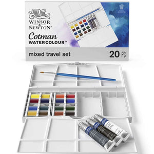 Cotman Watercolour paint set featuring 16 half pans, 3 tubes, and a brush, ideal for artists and travelers.