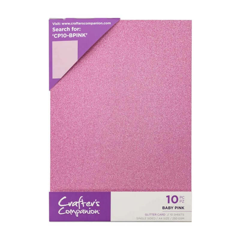 Crafter's Companion Glitter Card 10 Sheet Pack - Baby Pink, 250gsm, single sided, ideal for crafting, card making, and scrapbooking.
