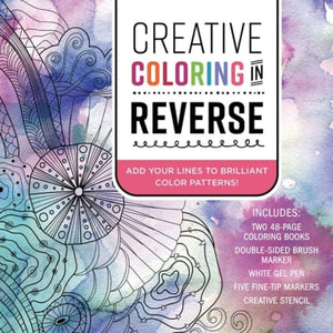 Creative Coloring in Reverse Kit – Draw Over Colour with Tools Included, featuring watercolor patterns and included art tools.