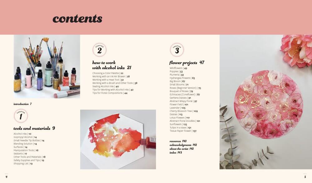 Creative Alcohol Ink Flowers – Step-by-Step Floral Ink Art Book contents page with tools and floral project overview.