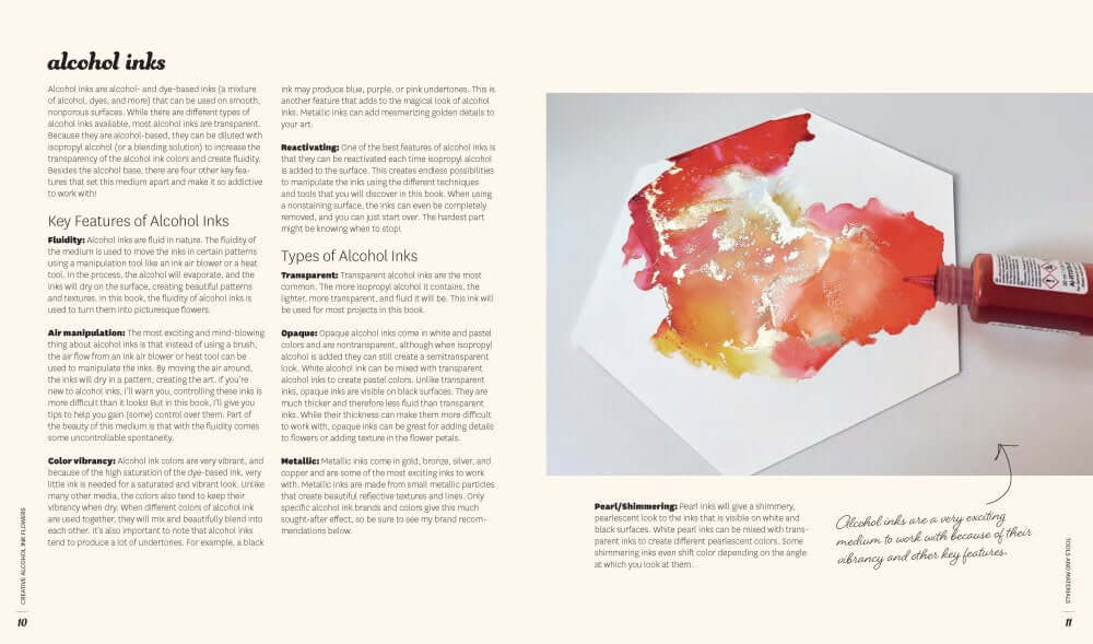 Creative Alcohol Ink Flowers – Step-by-Step Floral Ink Art Book page featuring alcohol ink techniques and vibrant colors.