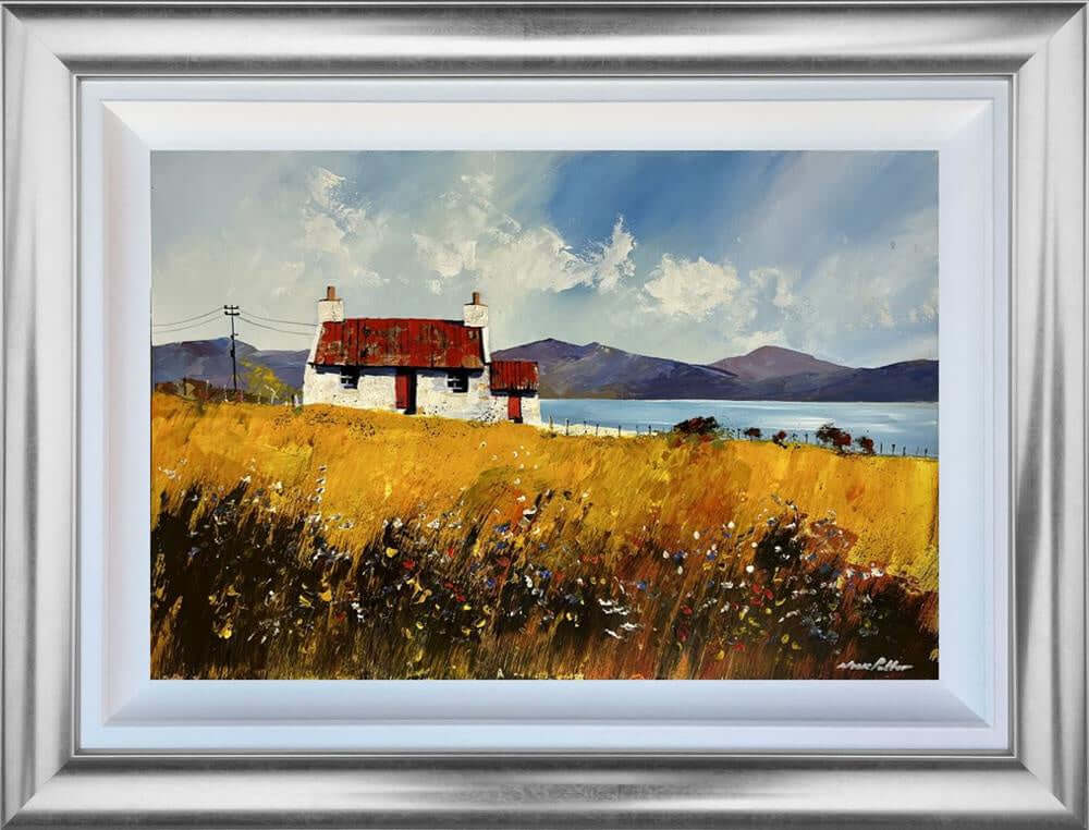 Croft With Red Tin Roof by Nick Potter, mixed media painting on canvas, 51x76 cm, featuring a vibrant landscape with a white croft and red roof.