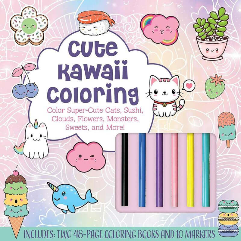 Cute Kawaii Coloring Kit with books and colored markers, featuring adorable kawaii characters like kittens, clouds, and sweets.