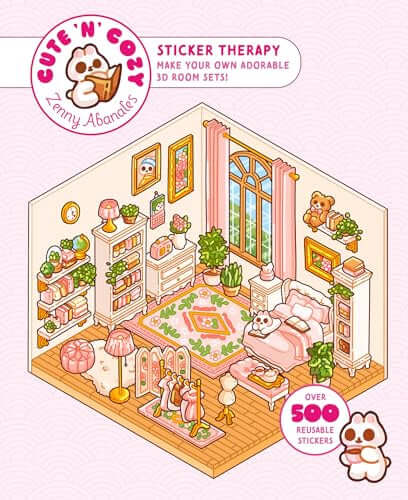 Cute n Cozy Sticker Therapy – Zenny Abanales featuring cozy 3D room scene with over 500 reusable stickers for creative relaxation.