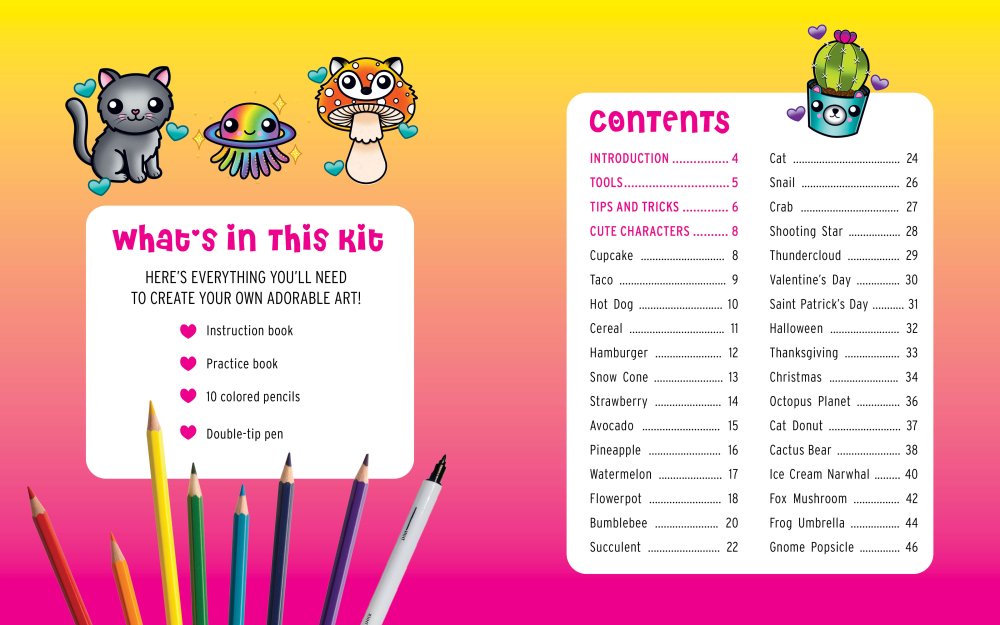 Contents of Cutest Art Kit Ever! – All-in-One Drawing Kit with Pencils & Practice Book, featuring cute characters and art supplies.