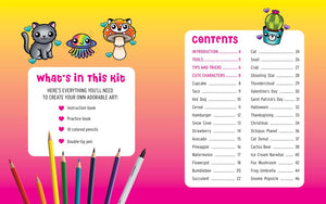 Contents of Cutest Art Kit Ever! – All-in-One Drawing Kit with Pencils & Practice Book, featuring cute characters and art supplies.