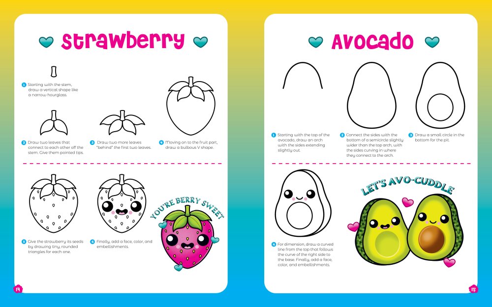 Step-by-step guide from Cutest Art Kit Ever! – All-in-One Drawing Kit with Pencils & Practice Book featuring strawberry and avocado illustrations.