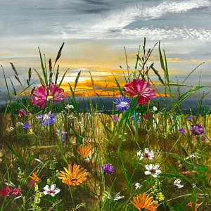 Scenic landscape painting by Kimberley Harris, featuring wildflowers and sunset, part of Summertime Reverie collection.