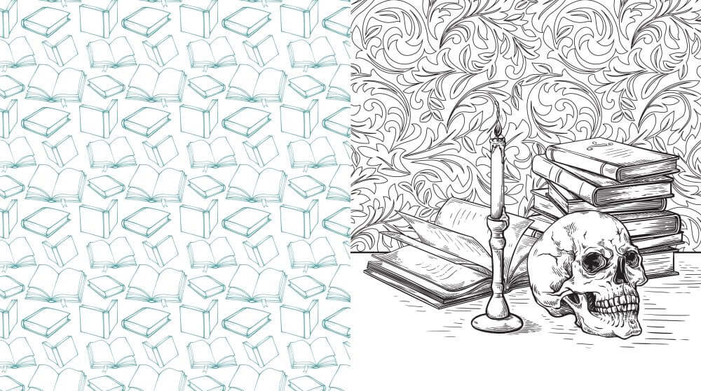 Illustrations from Dark Academia Coloring Book – Gothic & Scholarly Colouring Designs featuring books, skull, and candle.