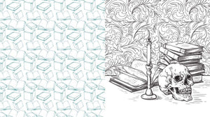 Illustrations from Dark Academia Coloring Book – Gothic & Scholarly Colouring Designs featuring books, skull, and candle.