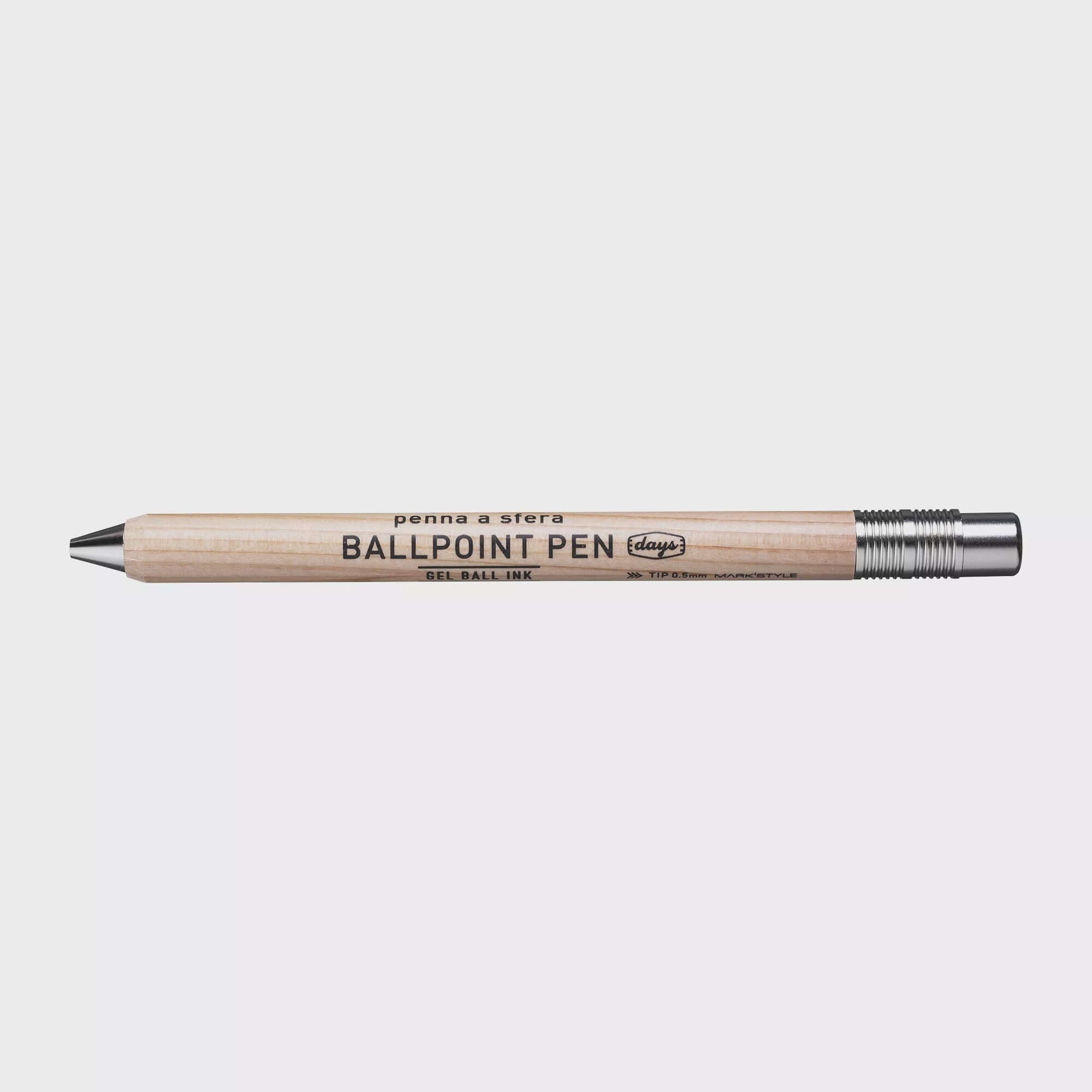 Days Gel Wood Ball Pen with natural wooden barrel and 0.5mm gel tip for smooth writing. Typography in five languages. 10mm diameter.